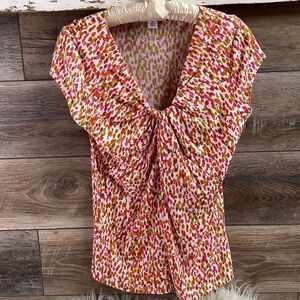 Josephine Studio  Ladies Vneck Blouse, Petite Medium, White and Multicolor